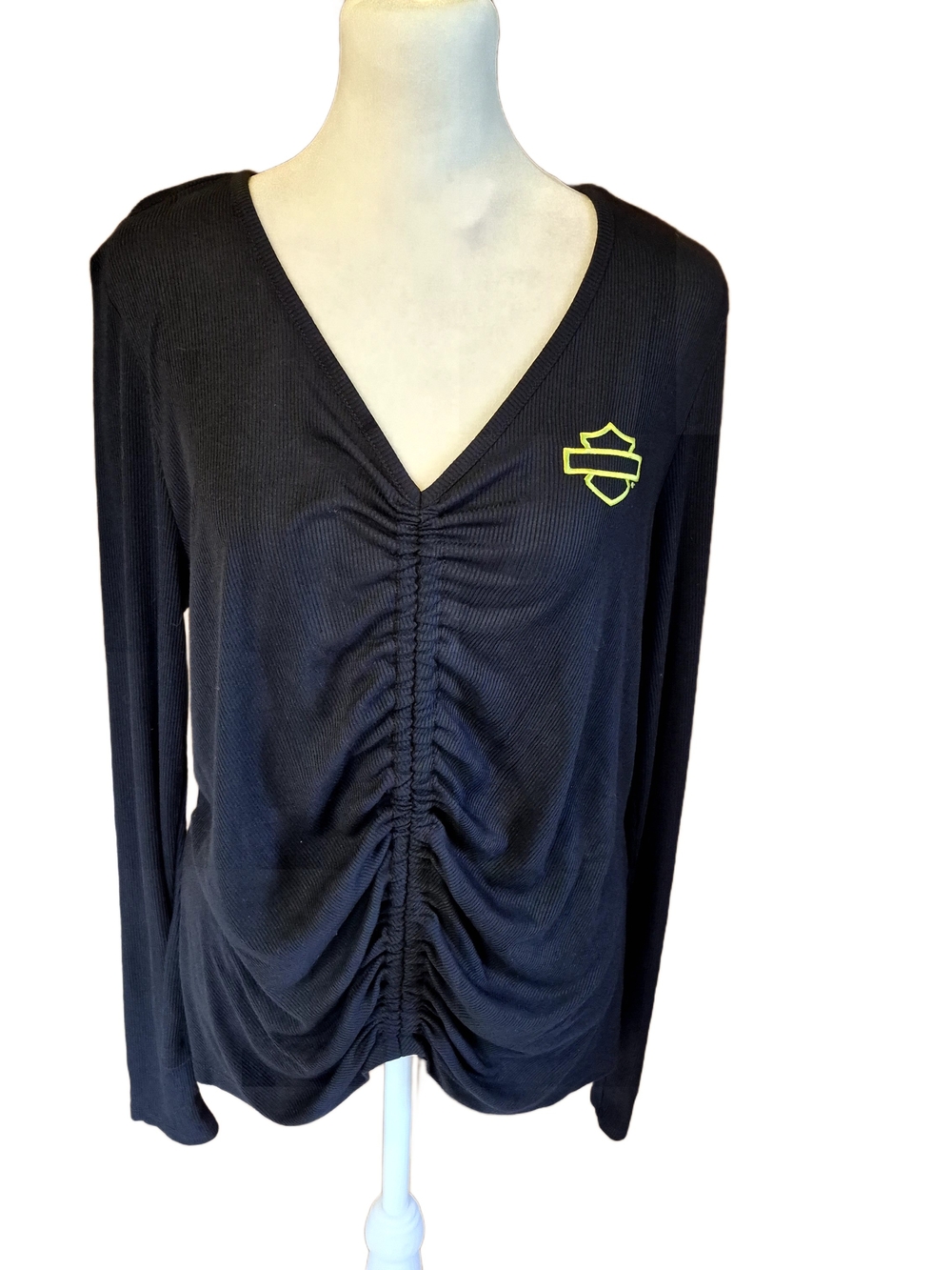Harley-Davidson Black Long Sleeve V-Neck Ruched Front Top with Yellow Logo